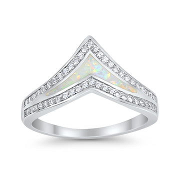 Chevron Midi V Ring Lab Created White Opal Round CZ 925 Sterling Silver